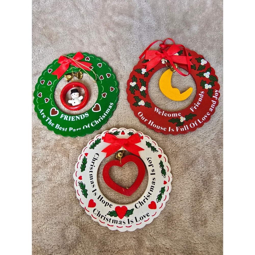Vintage Giftco Inc Wooden Wreath Christmas Ornaments Set 3 Snowman Heart Moon